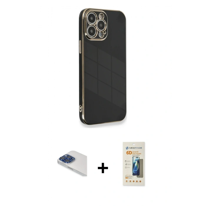 MARSİLYAN™- iPhone 13 Pro Max Kılıf Yankı Serisi - Siyah 6D Mat Seramik Hayalet Nano Ekran Koruyucu + Pers Alüminyum Kamera Lens - LT