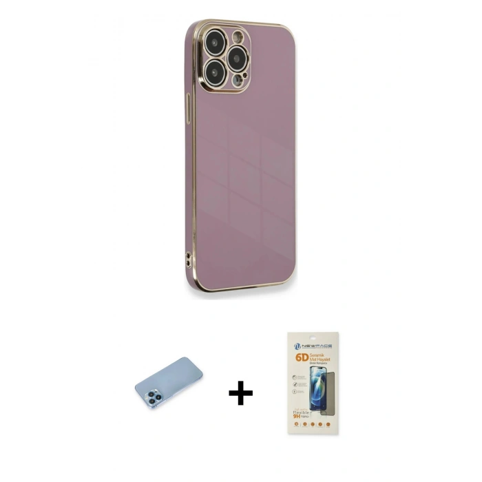 MARSİLYAN™- iPhone 13 Pro Max Kılıf Yankı Serisi - Siyah 6D Mat Seramik Hayalet Nano Ekran Koruyucu + Shine Kamera Lens Koruma Cam - MI