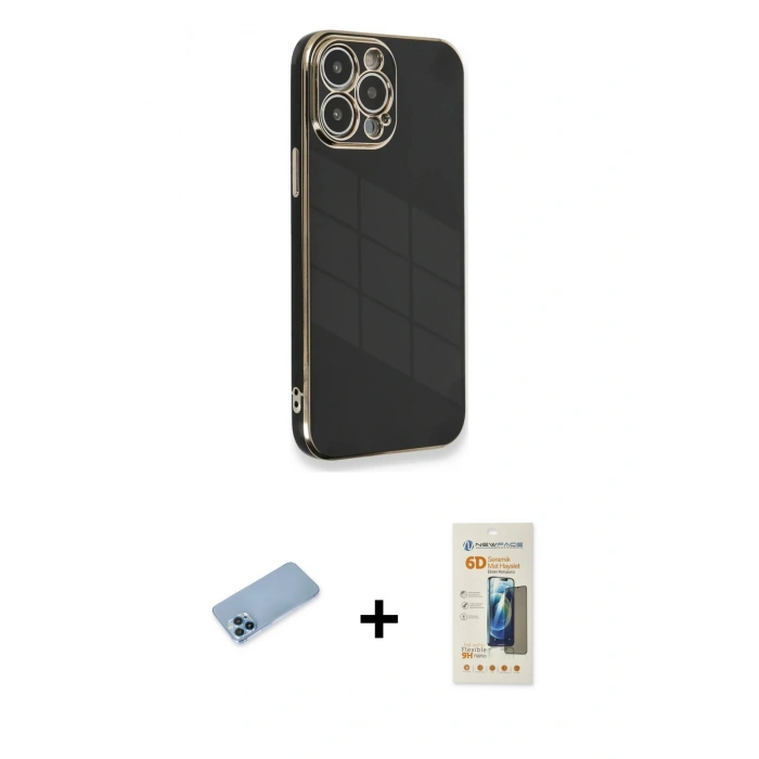 MARSİLYAN™- iPhone 13 Pro Max Kılıf Yankı Serisi - Siyah 6D Mat Seramik Hayalet Nano Ekran Koruyucu + Shine Kamera Lens Koruma Cam - MI