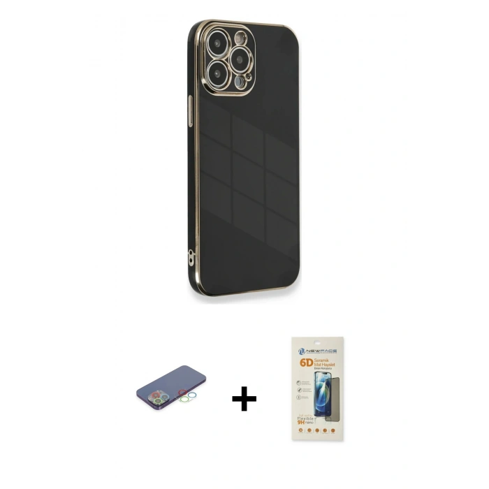 MARSİLYAN™- iPhone 13 Pro Max Kılıf Yankı Serisi - Siyah 6D Mat Seramik Hayalet Nano Ekran Koruyucu + Mavi Renkli Kamera Lens Koruma Cam