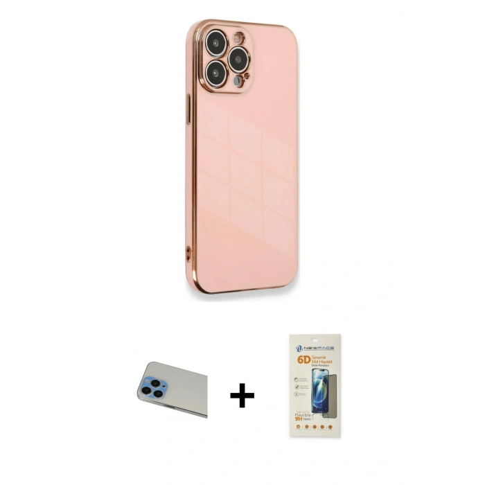 MARSİLYAN™- iPhone 13 Pro Max Kılıf Yankı Serisi - Siyah 6D Mat Seramik Hayalet Nano Ekran Koruyucu + Rainbow Kamera Lens Koruma Cam - MI