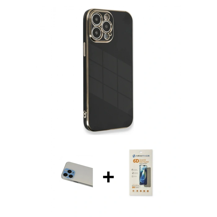 MARSİLYAN™- iPhone 13 Pro Max Kılıf Yankı Serisi - Siyah 6D Mat Seramik Hayalet Nano Ekran Koruyucu + Rainbow Kamera Lens Koruma Cam - MI