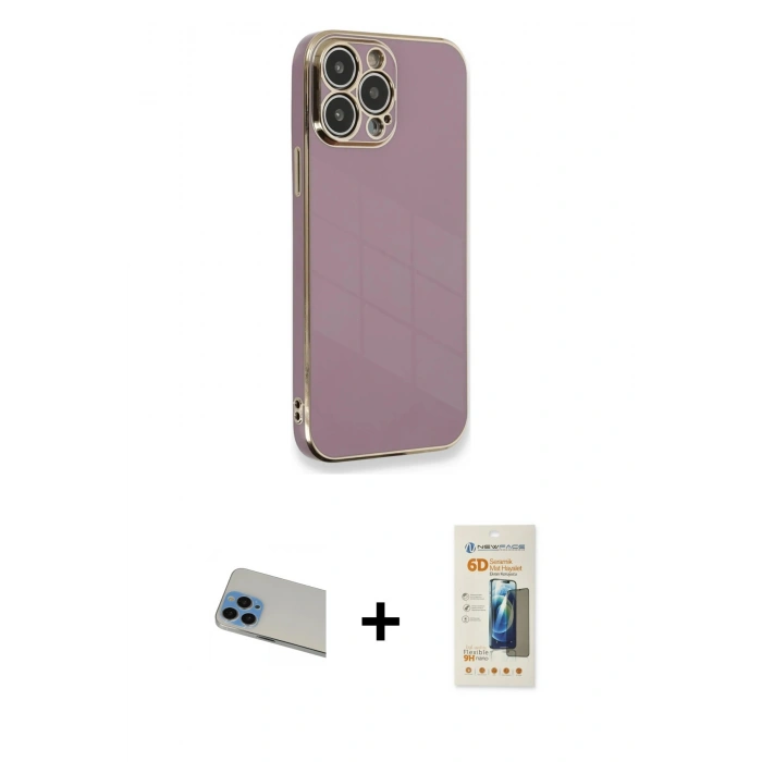 MARSİLYAN™- iPhone 13 Pro Max Kılıf Yankı Serisi - Siyah 6D Mat Seramik Hayalet Nano Ekran Koruyucu + Rainbow Kamera Lens Koruma Cam - MI
