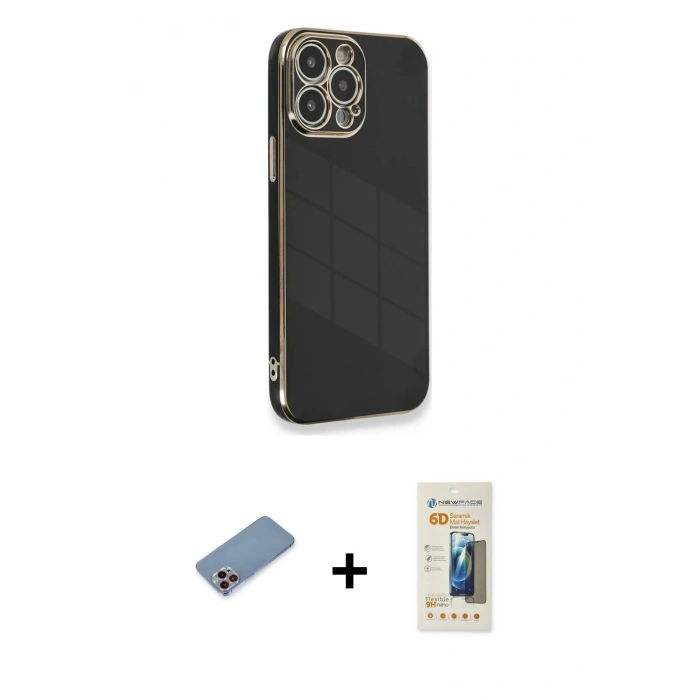 MARSİLYAN™- iPhone 13 Pro Max Kılıf Yankı Serisi - Siyah 6D Mat Seramik Hayalet Nano Ekran Koruyucu + Shine Kamera Lens Koruma Cam - PE