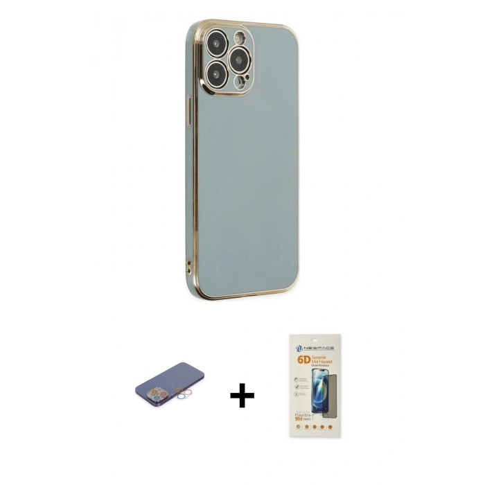 MARSİLYAN™- iPhone 13 Pro Max Kılıf Yankı Serisi - Siyah 6D Mat Seramik Hayalet Nano Ekran Koruyucu + Pembe Renkli Kamera Lens Koruma Cam