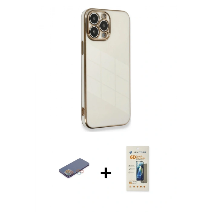 MARSİLYAN™- iPhone 13 Pro Max Kılıf Yankı Serisi - Siyah 6D Mat Seramik Hayalet Nano Ekran Koruyucu + Pembe Renkli Kamera Lens Koruma Cam