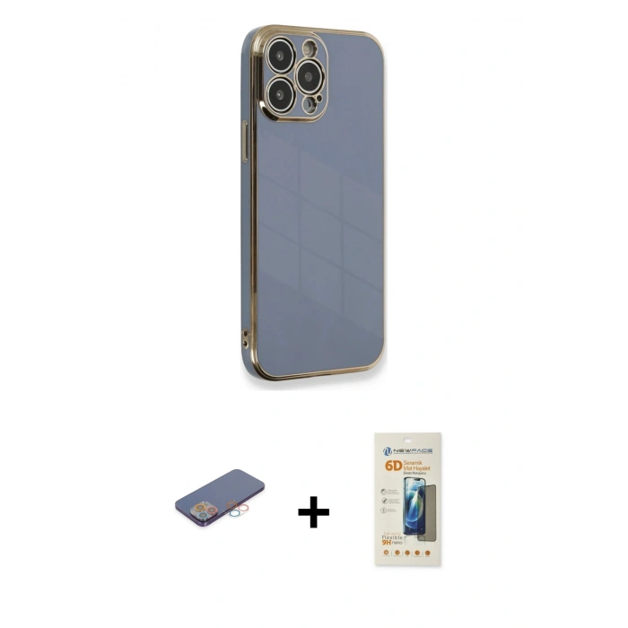 MARSİLYAN™- iPhone 13 Pro Max Kılıf Yankı Serisi - Siyah 6D Mat Seramik Hayalet Nano Ekran Koruyucu + Pembe Renkli Kamera Lens Koruma Cam