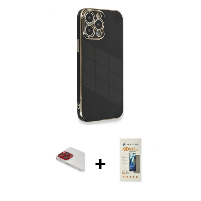 MARSİLYAN™- iPhone 13 Pro Max Kılıf Yankı Serisi - Siyah 6D Mat Seramik Hayalet Nano Ekran Koruyucu + Pers Alüminyum Kamera Lens - KI