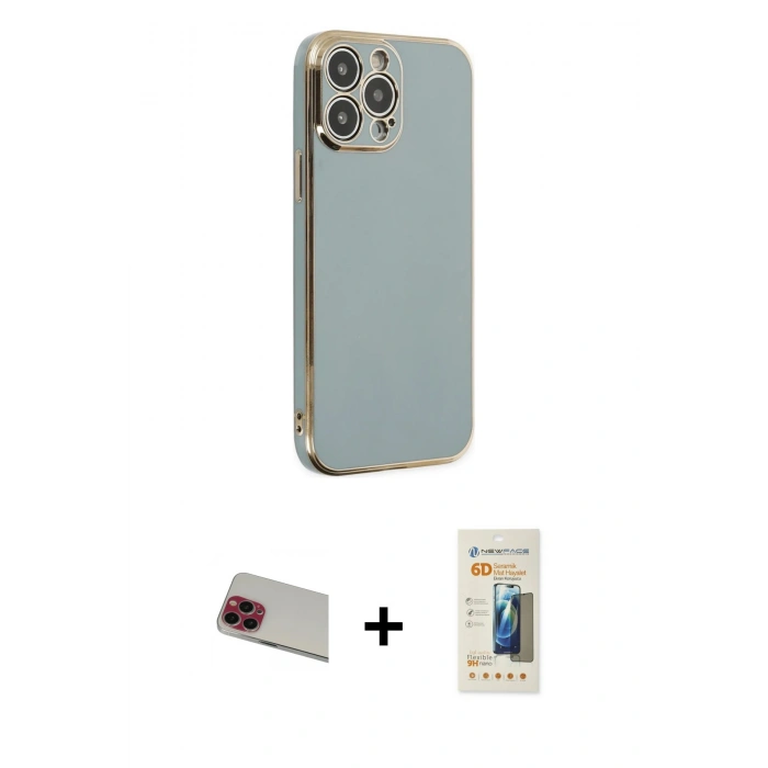 MARSİLYAN™- iPhone 13 Pro Max Kılıf Yankı Serisi - Siyah 6D Mat Seramik Hayalet Nano Ekran Koruyucu + Rainbow Kamera Lens Koruma Cam - KI