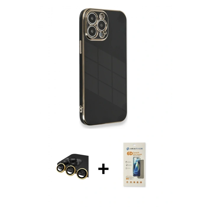 MARSİLYAN™- iPhone 13 Pro Max Kılıf Yankı Serisi - Siyah 6D Mat Seramik Hayalet Nano Ekran Koruyucu + Raze Metal Kamera Lens - GD