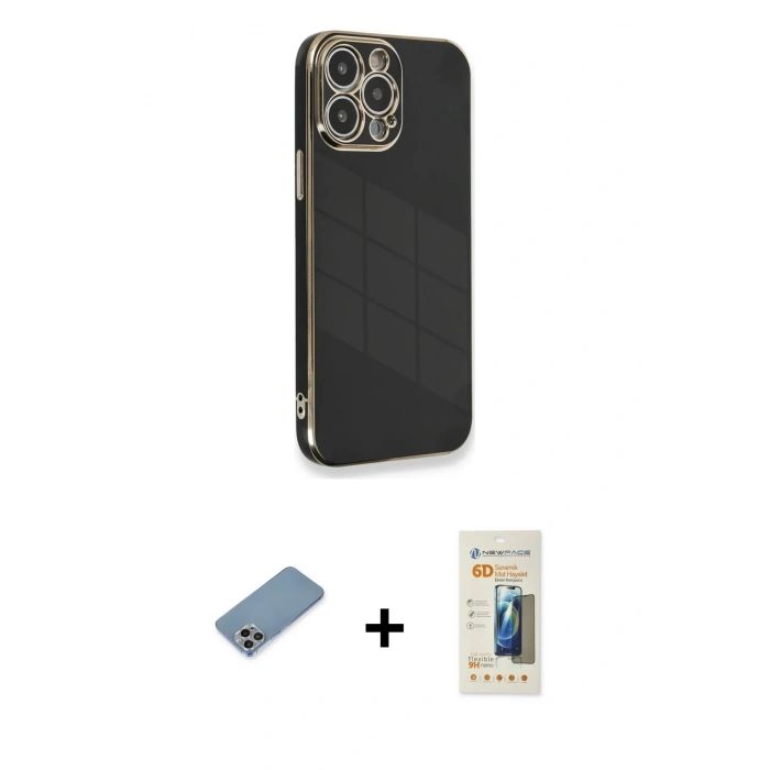 MARSİLYAN™- iPhone 13 Pro Max Kılıf Yankı Serisi - Siyah 6D Mat Seramik Hayalet Nano Ekran Koruyucu + Shine Kamera Lens Koruma Cam - GI