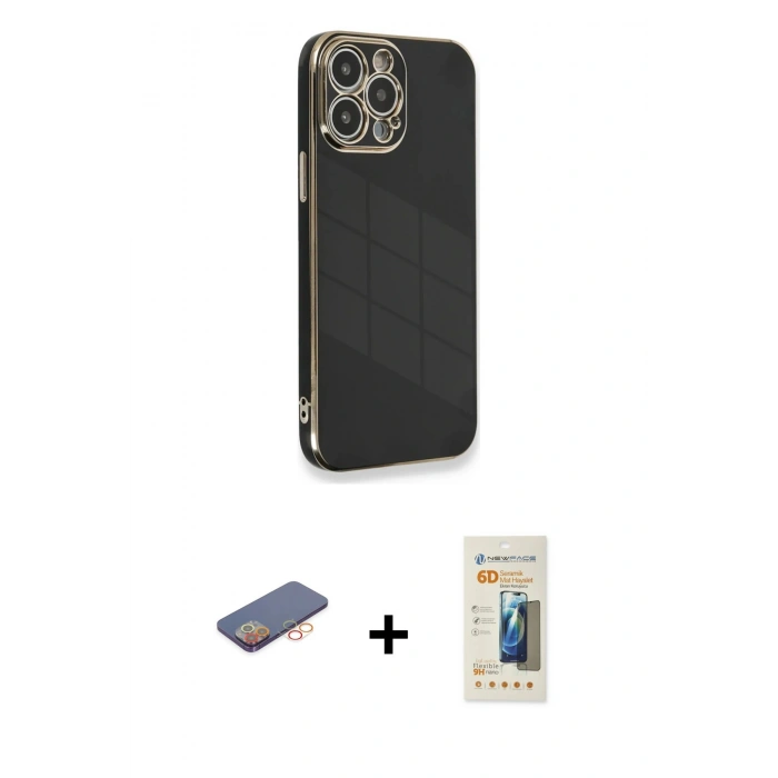 MARSİLYAN™- iPhone 13 Pro Max Kılıf Yankı Serisi - Siyah 6D Mat Seramik Hayalet Nano Ekran Koruyucu + Renkli Kamera Lens Koruma Cam - TU
