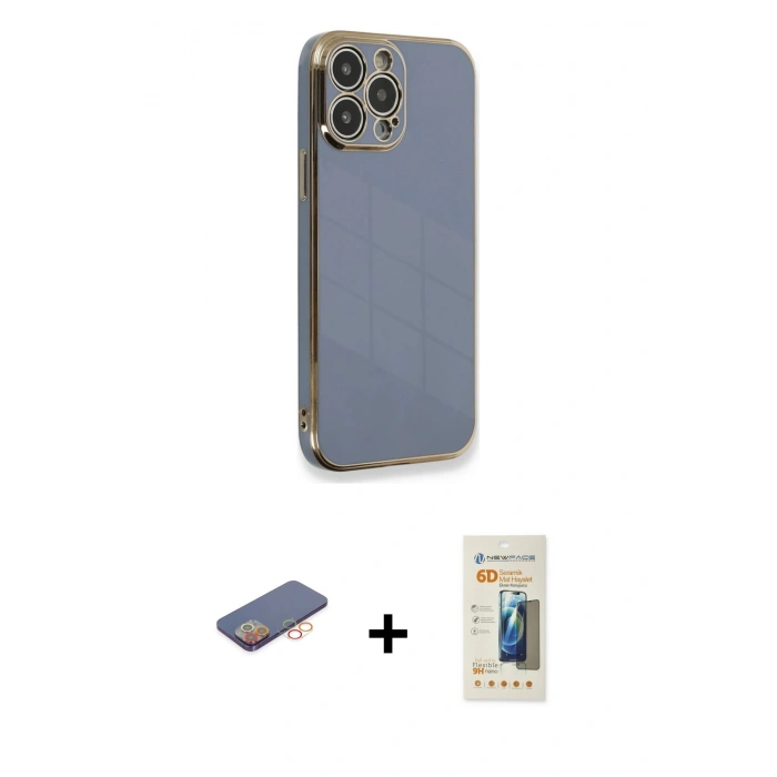 MARSİLYAN™- iPhone 13 Pro Max Kılıf Yankı Serisi - Siyah 6D Mat Seramik Hayalet Nano Ekran Koruyucu + Renkli Kamera Lens Koruma Cam - TU