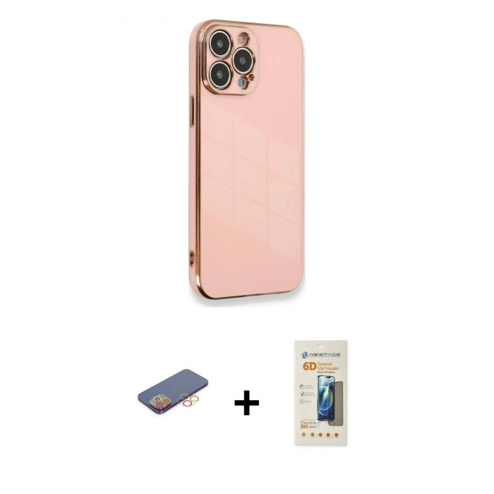 MARSİLYAN™- iPhone 13 Pro Max Kılıf Yankı Serisi - Siyah 6D Mat Seramik Hayalet Nano Ekran Koruyucu + Renkli Kamera Lens Koruma Cam - TU