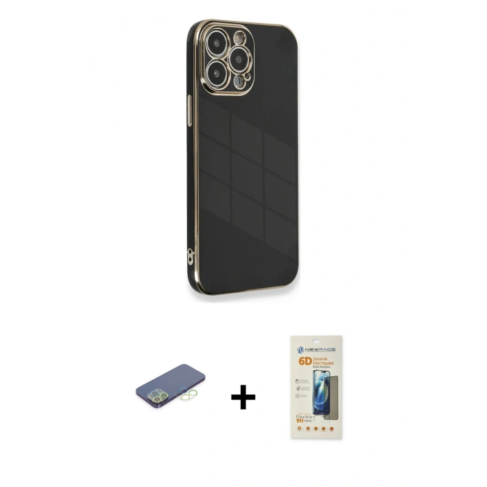 MARSİLYAN™- iPhone 13 Pro Max Kılıf Yankı Serisi - Siyah 6D Mat Seramik Hayalet Nano Ekran Koruyucu + Yeşil Renkli Kamera Lens Koruma Cam