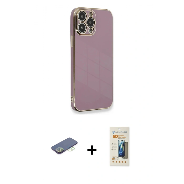 MARSİLYAN™- iPhone 13 Pro Max Kılıf Yankı Serisi - Siyah 6D Mat Seramik Hayalet Nano Ekran Koruyucu + Yeşil Renkli Kamera Lens Koruma Cam