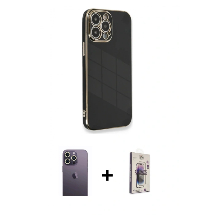 MARSİLYAN™- iPhone 13 Pro Max Kılıf Yankı Serisi - Siyah Bilvis 3D Cam Ekran Koruyucu + Neon Fosforlu Kamera Lens - BZ