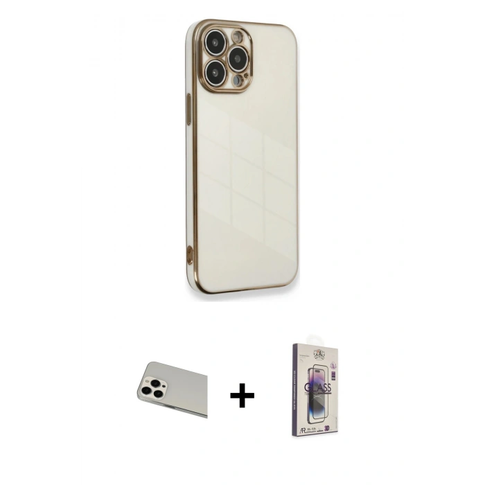 MARSİLYAN™- iPhone 13 Pro Max Kılıf Yankı Serisi - Siyah Bilvis 3D Cam Ekran Koruyucu + Beyaz Rainbow Kamera Lens Koruma Cam