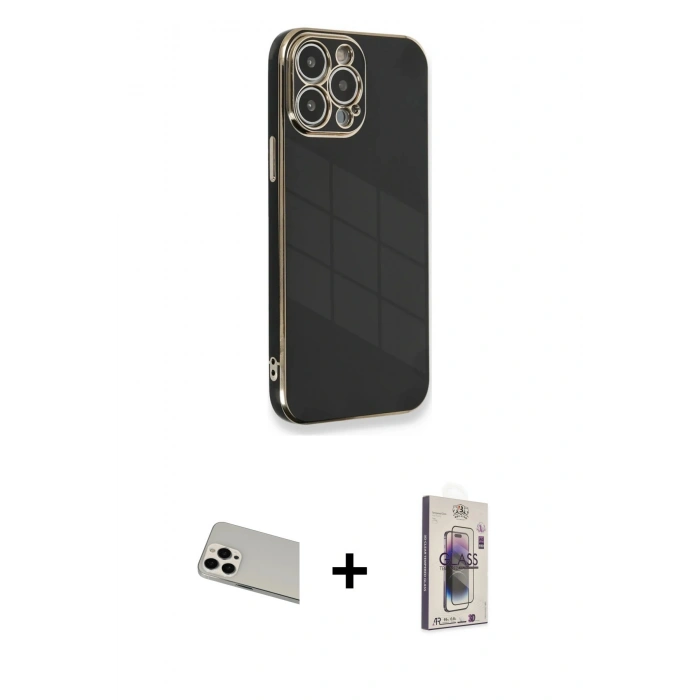 MARSİLYAN™- iPhone 13 Pro Max Kılıf Yankı Serisi - Siyah Bilvis 3D Cam Ekran Koruyucu + Beyaz Rainbow Kamera Lens Koruma Cam