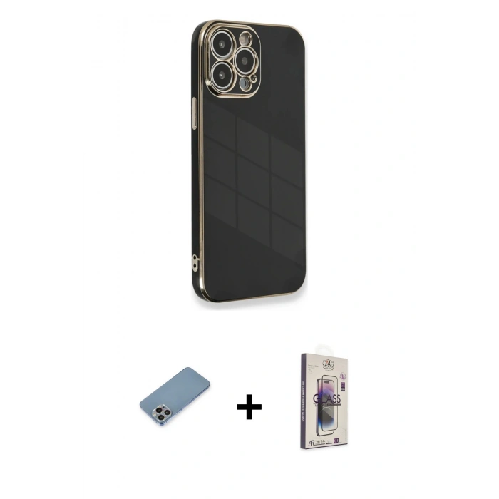 MARSİLYAN™- iPhone 13 Pro Max Kılıf Yankı Serisi - Siyah Bilvis 3D Cam Ekran Koruyucu + Shine Kamera Lens Koruma Cam - GI
