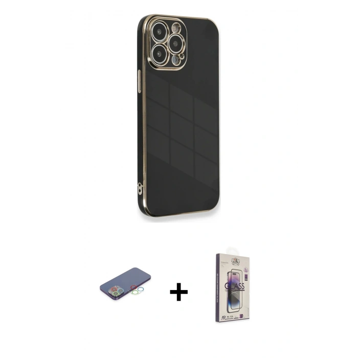 MARSİLYAN™- iPhone 13 Pro Max Kılıf Yankı Serisi - Siyah Bilvis 3D Cam Ekran Koruyucu + Mavi Renkli Kamera Lens Koruma Cam