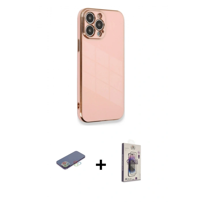 MARSİLYAN™- iPhone 13 Pro Max Kılıf Yankı Serisi - Siyah Bilvis 3D Cam Ekran Koruyucu + Mavi Renkli Kamera Lens Koruma Cam