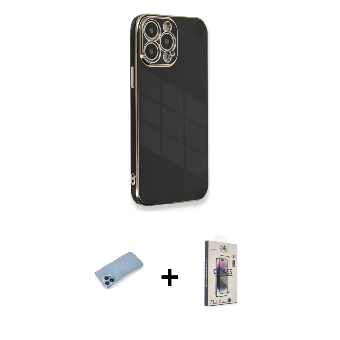 MARSİLYAN™- iPhone 13 Pro Max Kılıf Yankı Serisi - Siyah Bilvis 3D Cam Ekran Koruyucu + Shine Kamera Lens Koruma Cam - MI