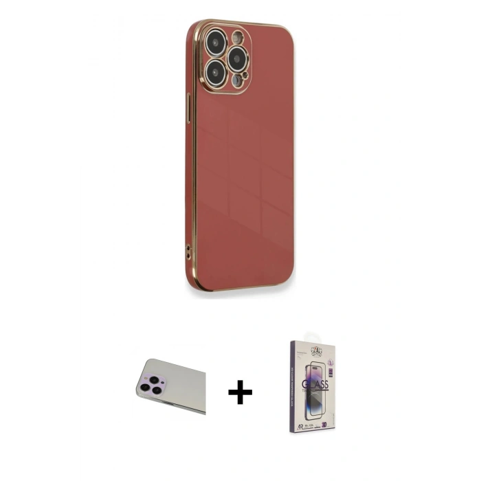 MARSİLYAN™- iPhone 13 Pro Max Kılıf Yankı Serisi - Siyah Bilvis 3D Cam Ekran Koruyucu + Rainbow Kamera Lens Koruma Cam - MR