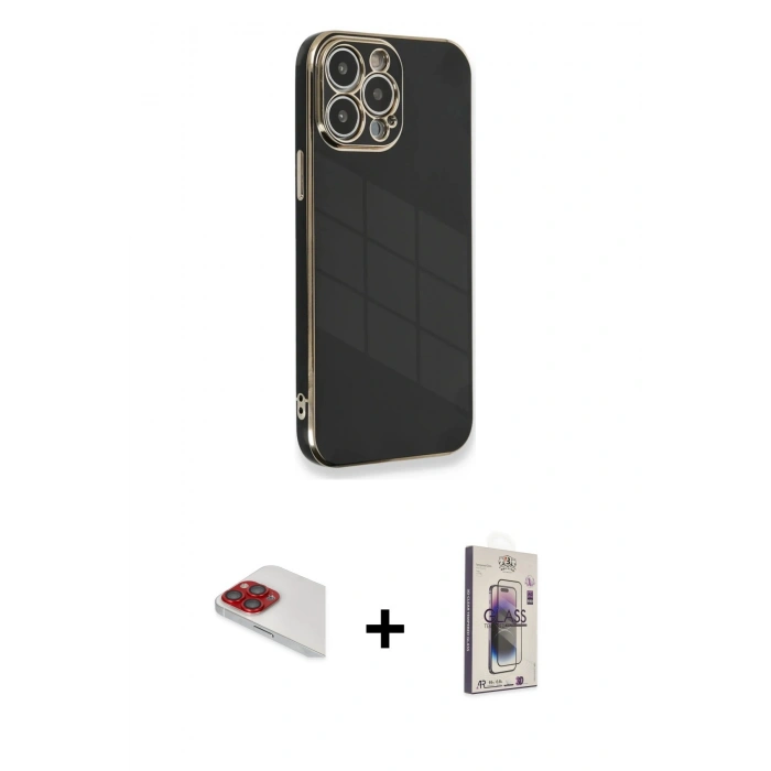 MARSİLYAN™- iPhone 13 Pro Max Kılıf Yankı Serisi - Siyah Bilvis 3D Cam Ekran Koruyucu + Pers Alüminyum Kamera Lens - KI