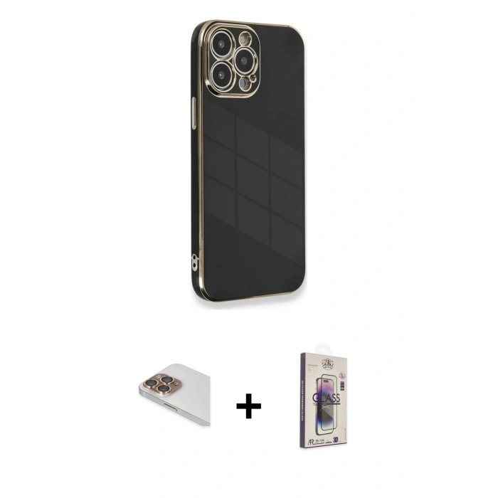MARSİLYAN™- iPhone 13 Pro Max Kılıf Yankı Serisi - Siyah Bilvis 3D Cam Ekran Koruyucu + Pers Alüminyum Kamera Lens - GD