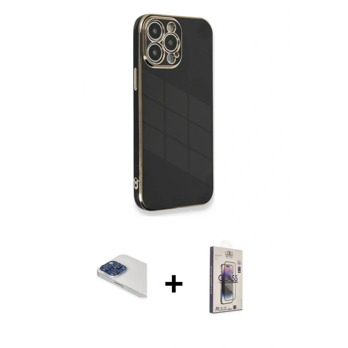MARSİLYAN™- iPhone 13 Pro Max Kılıf Yankı Serisi - Siyah Bilvis 3D Cam Ekran Koruyucu + Pers Alüminyum Kamera Lens - LT