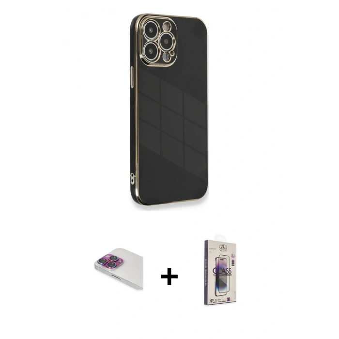 MARSİLYAN™- iPhone 13 Pro Max Kılıf Yankı Serisi - Siyah Bilvis 3D Cam Ekran Koruyucu + Pers Alüminyum Kamera Lens - GI