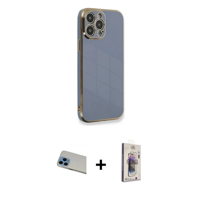MARSİLYAN™- iPhone 13 Pro Max Kılıf Yankı Serisi - Siyah Bilvis 3D Cam Ekran Koruyucu + Rainbow Kamera Lens Koruma Cam - MI
