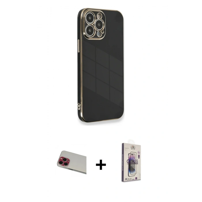 MARSİLYAN™- iPhone 13 Pro Max Kılıf Yankı Serisi - Siyah Bilvis 3D Cam Ekran Koruyucu + Rainbow Kamera Lens Koruma Cam - KI