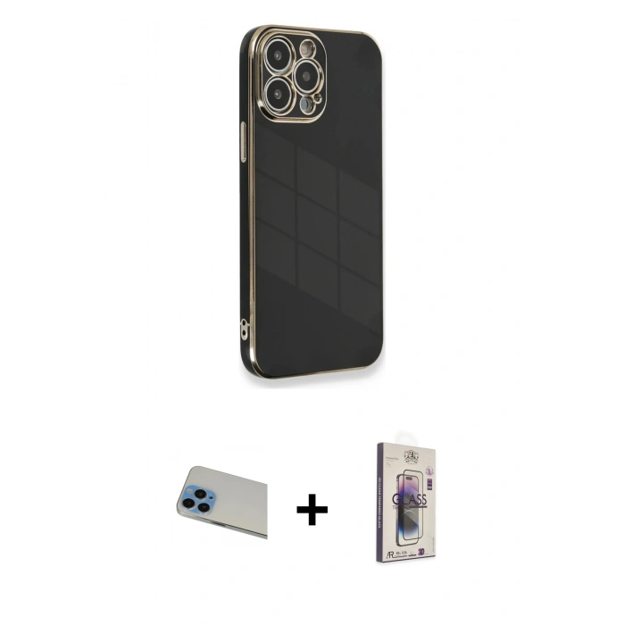 MARSİLYAN™- iPhone 13 Pro Max Kılıf Yankı Serisi - Siyah Bilvis 3D Cam Ekran Koruyucu + Rainbow Kamera Lens Koruma Cam - MI