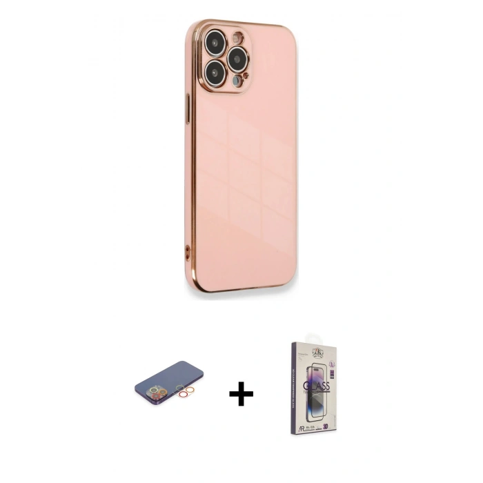 MARSİLYAN™- iPhone 13 Pro Max Kılıf Yankı Serisi - Siyah Bilvis 3D Cam Ekran Koruyucu + Renkli Kamera Lens Koruma Cam - TU