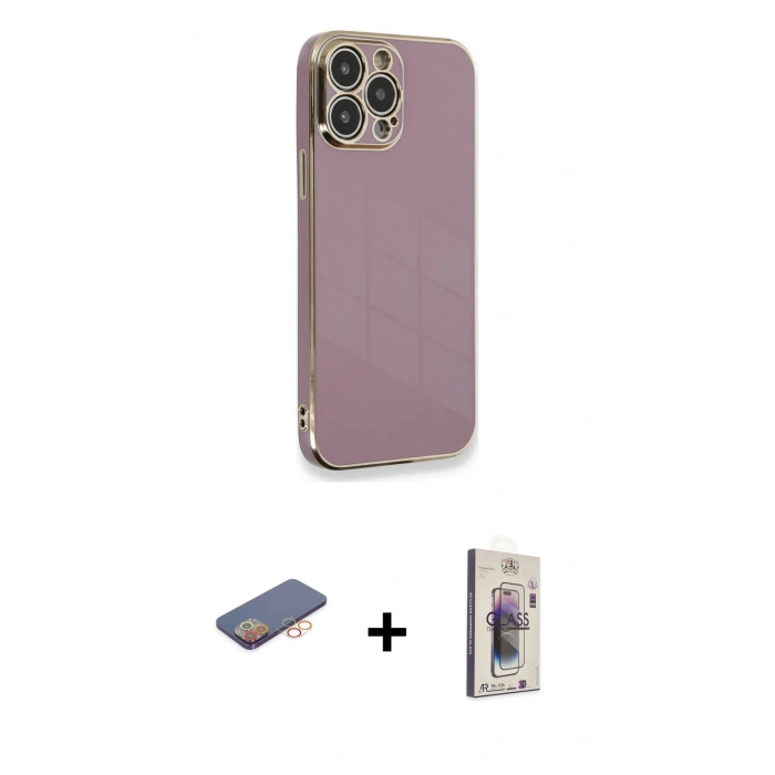 MARSİLYAN™- iPhone 13 Pro Max Kılıf Yankı Serisi - Siyah Bilvis 3D Cam Ekran Koruyucu + Renkli Kamera Lens Koruma Cam - TU