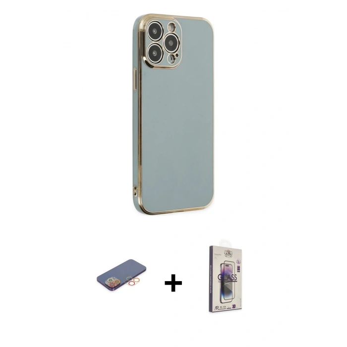 MARSİLYAN™- iPhone 13 Pro Max Kılıf Yankı Serisi - Siyah Bilvis 3D Cam Ekran Koruyucu + Renkli Kamera Lens Koruma Cam - TU