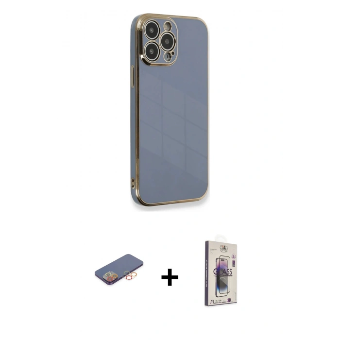 MARSİLYAN™- iPhone 13 Pro Max Kılıf Yankı Serisi - Siyah Bilvis 3D Cam Ekran Koruyucu + Renkli Kamera Lens Koruma Cam - TU