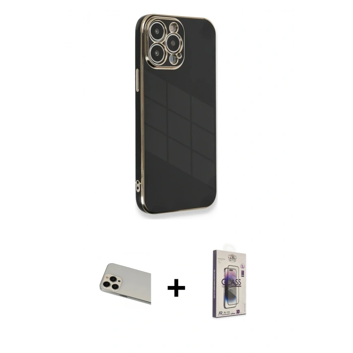 MARSİLYAN™- iPhone 13 Pro Max Kılıf Yankı Serisi - Siyah Bilvis 3D Cam Ekran Koruyucu + Rainbow Kamera Lens Koruma Cam - REGD