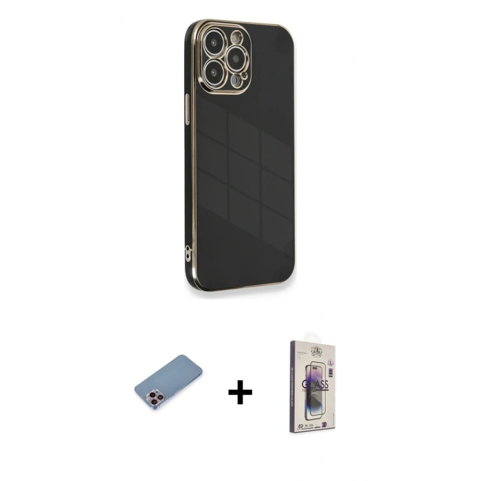 MARSİLYAN™- iPhone 13 Pro Max Kılıf Yankı Serisi - Siyah Bilvis 3D Cam Ekran Koruyucu + Shine Kamera Lens Koruma Cam - PE