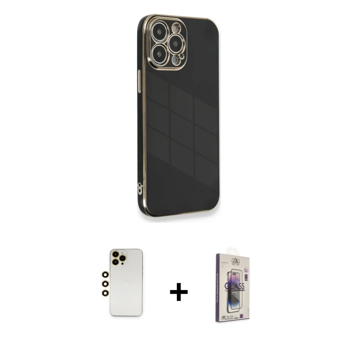 MARSİLYAN™- iPhone 13 Pro Max Kılıf Yankı Serisi - Siyah Bilvis 3D Cam Ekran Koruyucu + Shine Kamera Lens - GD