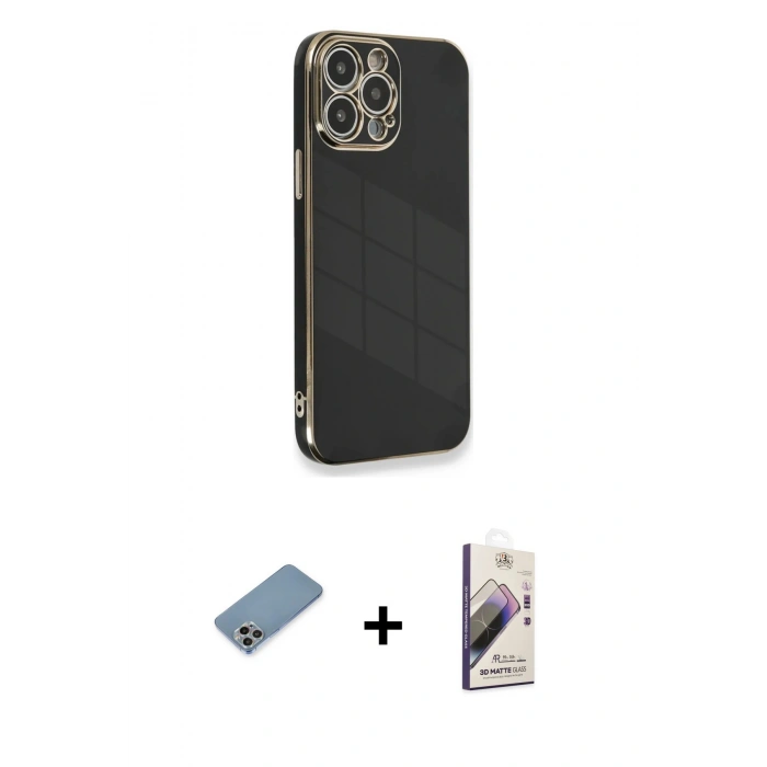 MARSİLYAN™- iPhone 13 Pro Max Kılıf Yankı Serisi - Siyah Bilvis 3D Mat Cam Ekran Koruyucu + Shine Kamera Lens Koruma Cam - GI
