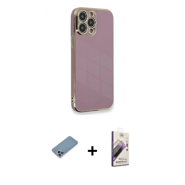 MARSİLYAN™- iPhone 13 Pro Max Kılıf Yankı Serisi - Siyah Bilvis 3D Mat Cam Ekran Koruyucu + Shine Kamera Lens Koruma Cam - GI