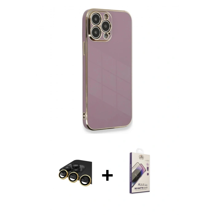 MARSİLYAN™- iPhone 13 Pro Max Kılıf Yankı Serisi - Siyah Bilvis 3D Mat Cam Ekran Koruyucu + Gold Raze Metal Kamera Lens