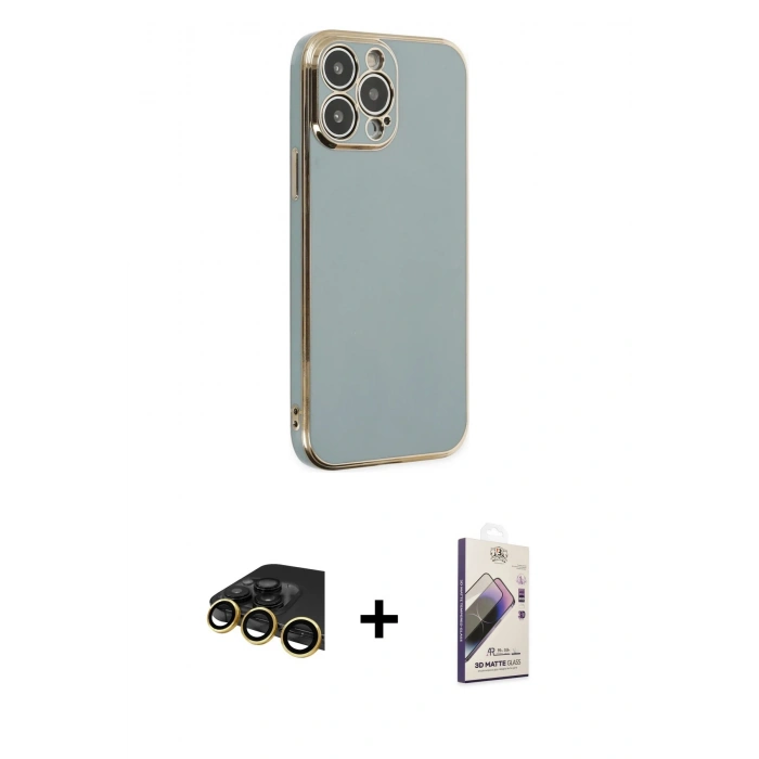 MARSİLYAN™- iPhone 13 Pro Max Kılıf Yankı Serisi - Siyah Bilvis 3D Mat Cam Ekran Koruyucu + Gold Raze Metal Kamera Lens