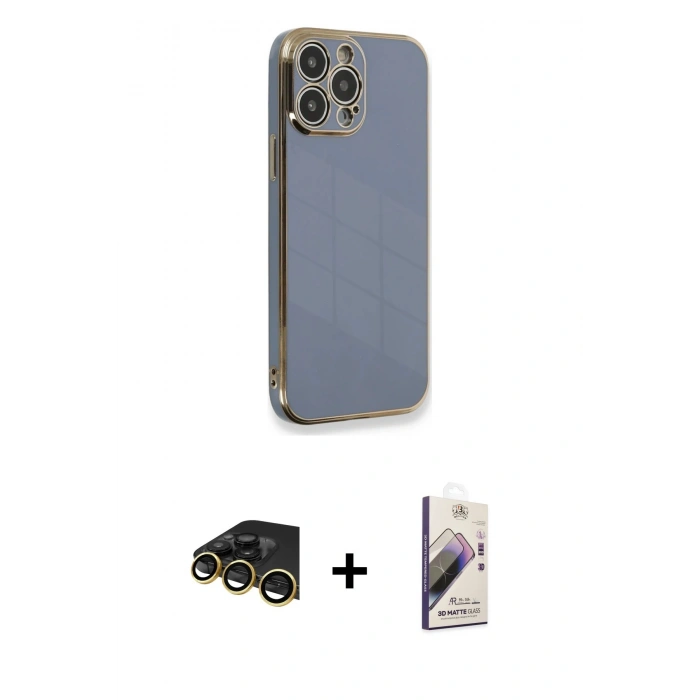 MARSİLYAN™- iPhone 13 Pro Max Kılıf Yankı Serisi - Siyah Bilvis 3D Mat Cam Ekran Koruyucu + Gold Raze Metal Kamera Lens