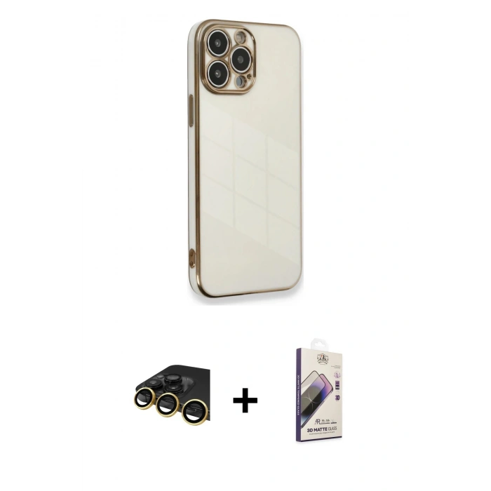 MARSİLYAN™- iPhone 13 Pro Max Kılıf Yankı Serisi - Siyah Bilvis 3D Mat Cam Ekran Koruyucu + Gold Raze Metal Kamera Lens