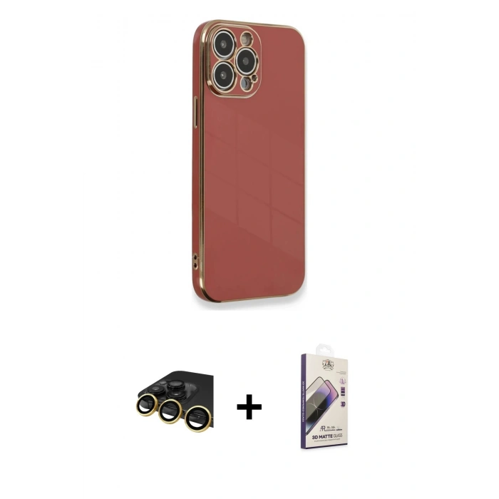 MARSİLYAN™- iPhone 13 Pro Max Kılıf Yankı Serisi - Siyah Bilvis 3D Mat Cam Ekran Koruyucu + Gold Raze Metal Kamera Lens