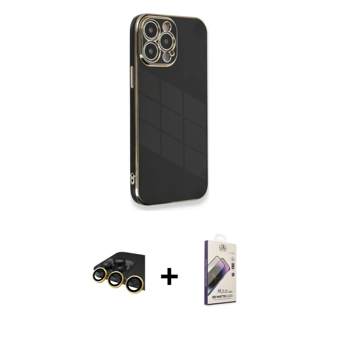 MARSİLYAN™- iPhone 13 Pro Max Kılıf Yankı Serisi - Siyah Bilvis 3D Mat Cam Ekran Koruyucu + Gold Raze Metal Kamera Lens